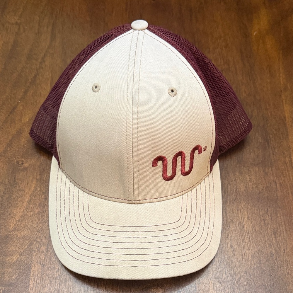 Used Wrangler Richardson Beige and Burgundy Mesh Back Adjustable Trucker Hat Cap